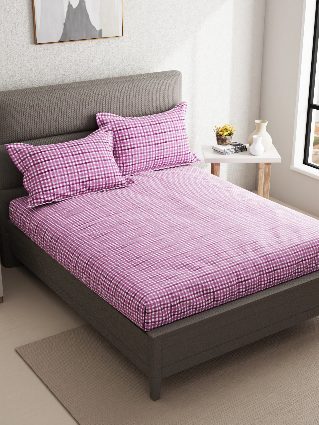 

KOPA Aston Purple & White Printed Cotton 110 TC Queen Bedsheet with 2 Pillow Covers