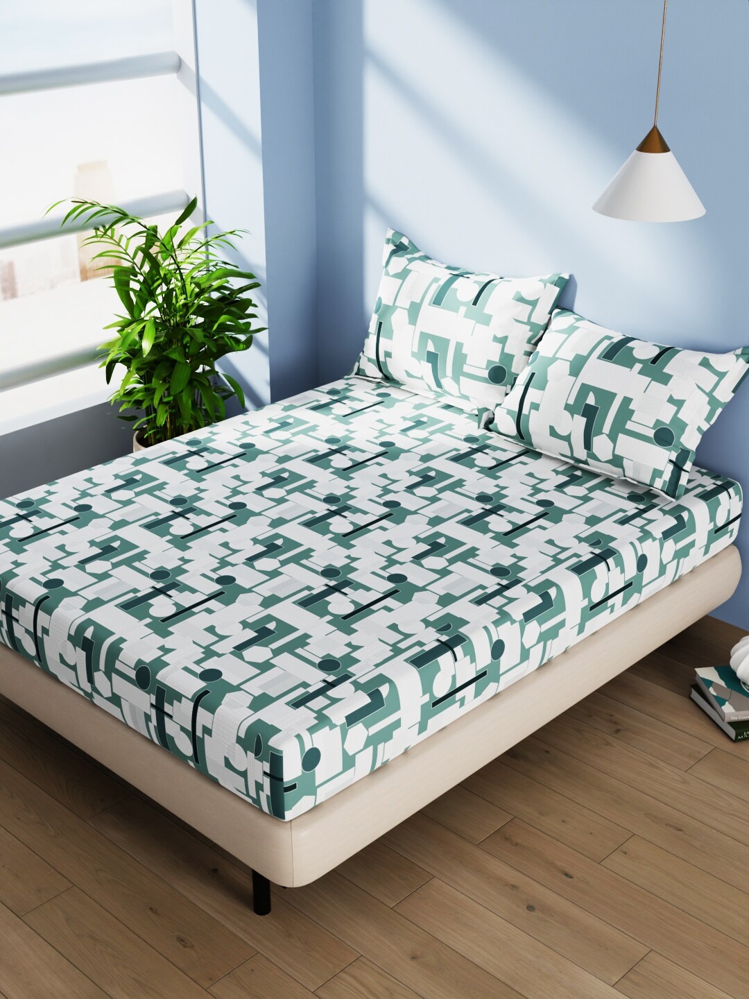 

BIANCA Serina Teal & White Geometric Cotton 140 TC Queen Bedsheet With 2 Pillow Covers