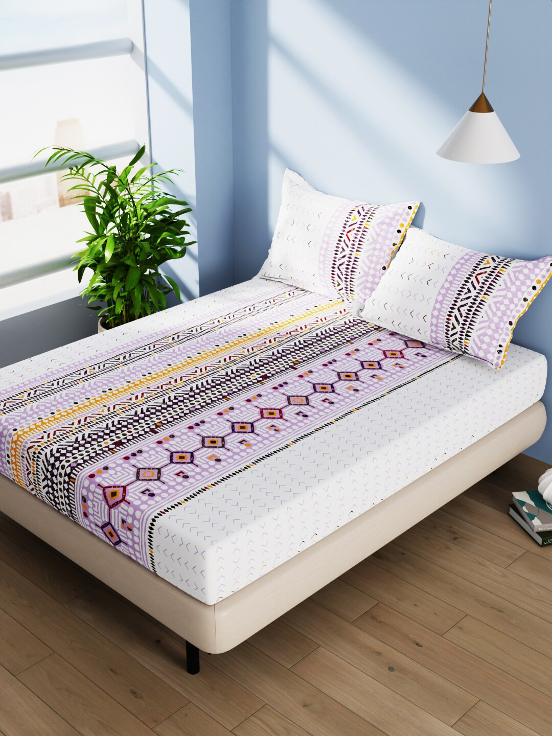 

BIANCA Serina Green & Pink Geometric Pure Cotton 140TC Queen Bedsheet With 2 Pillow Covers