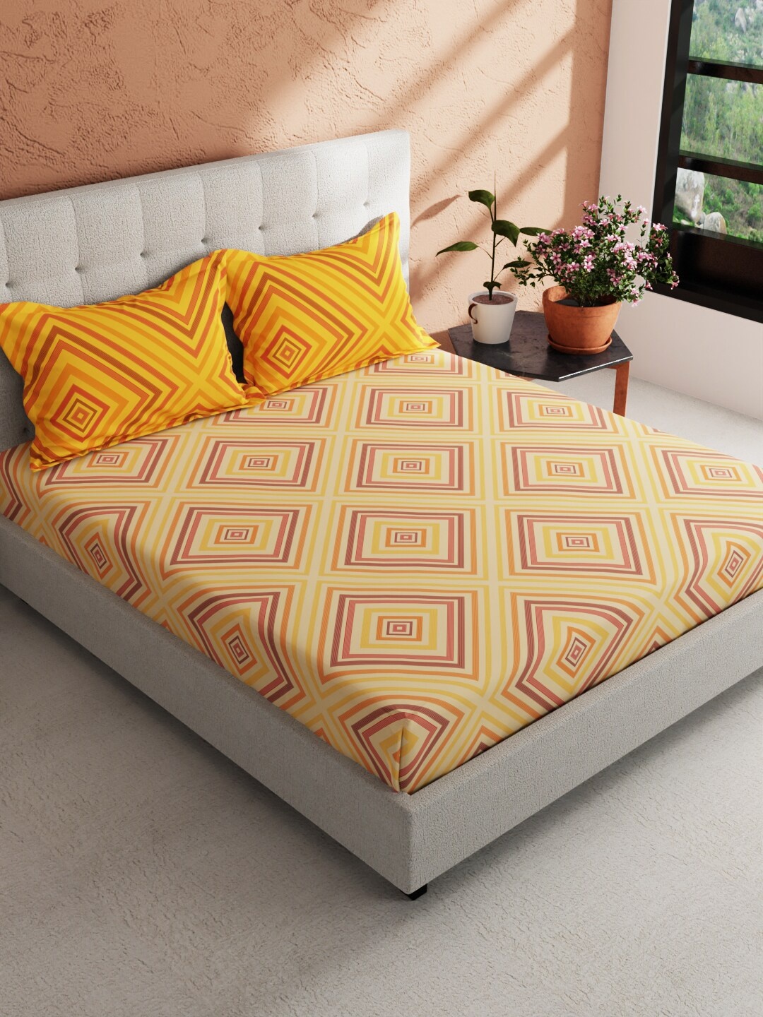 

BIANCA Giodeno Yellow & Red Geometric Pure Cotton 144 TC King Bedsheet & 2 Pillow Covers