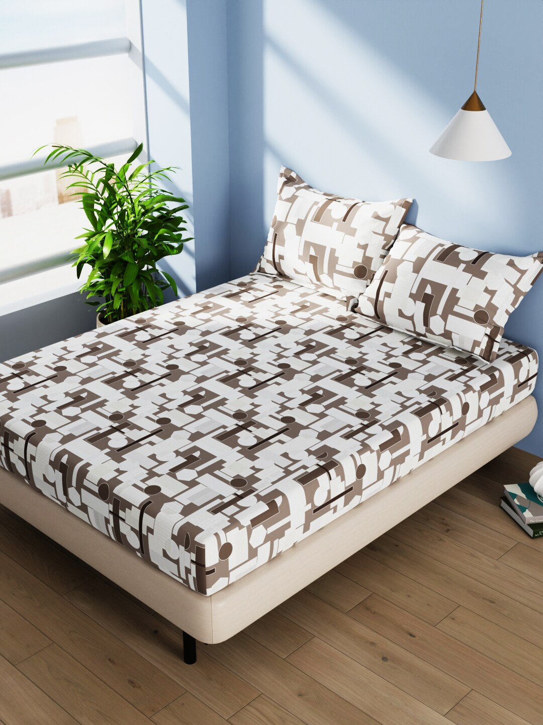 

BIANCA Serina Brown & White Printed Cotton 140 TC Queen Bedsheet with 2 Pillow Covers