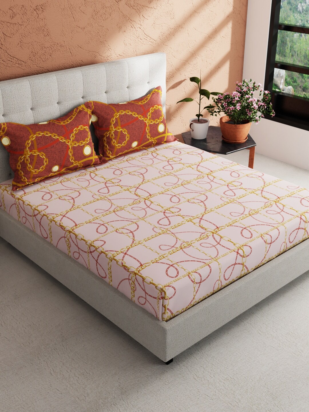 

BIANCA Giodeno Pink Printed Pure Cotton 144 TC King Bedsheet With 2 Pillow Covers