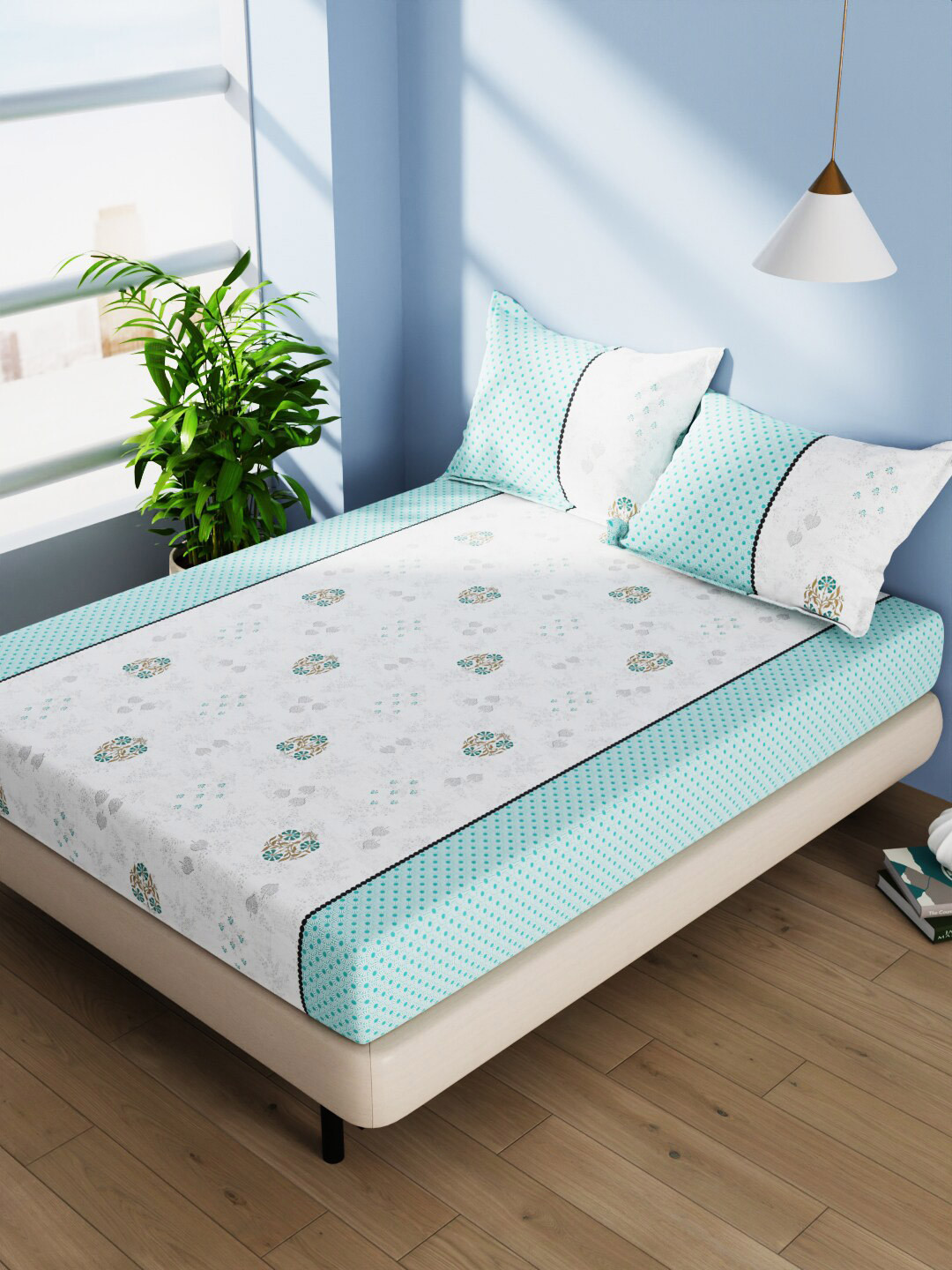 

BIANCA Serina White & Teal Floral Pure Cotton 140 TC Queen Bedsheet With 2 Pillow Covers