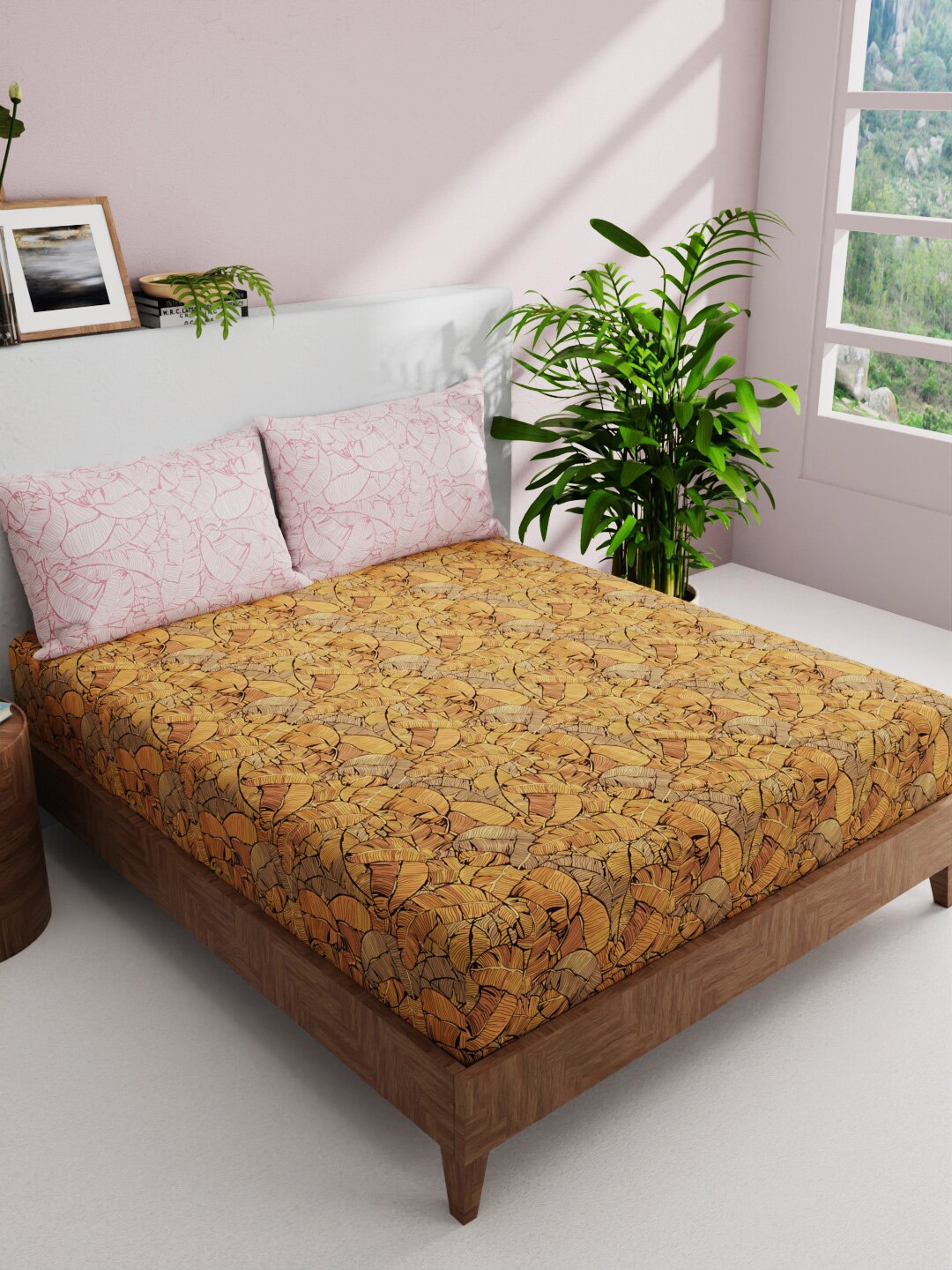 

BIANCA Orange & Black Floral Pure Cotton 144 TC Queen Bedsheet with 2 Pillow Covers