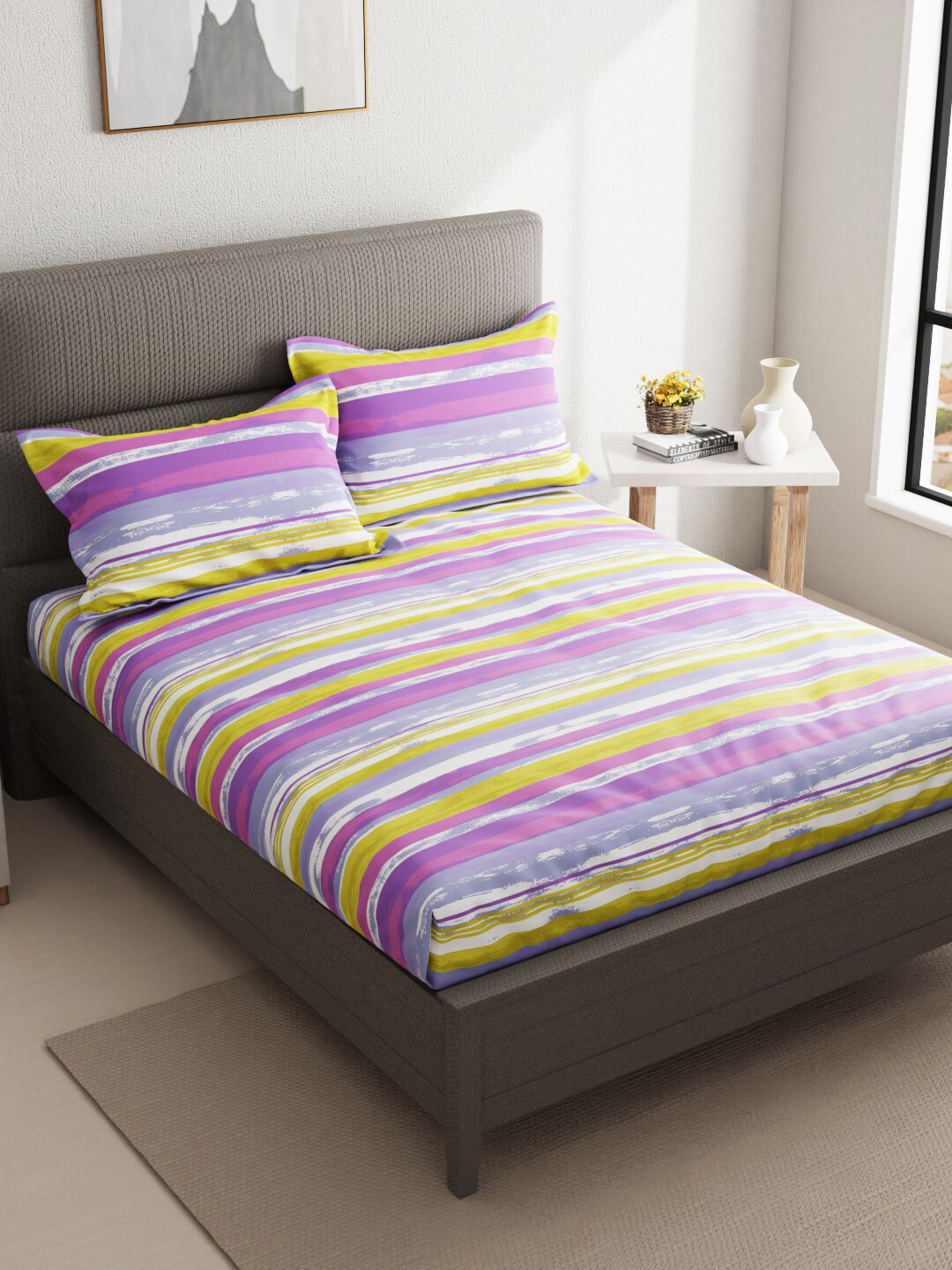

KOPA Aston Lavender & Pink Striped Cotton 110 TC Queen Bedsheet & 2 Pillow Covers