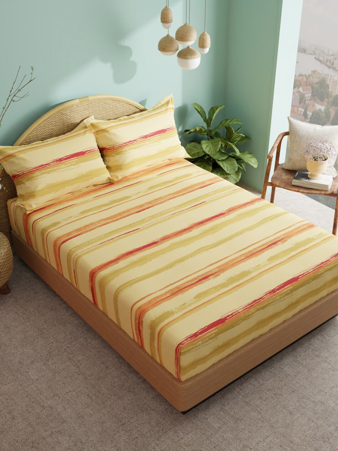 

BIANCA Orange & Red Striped Pure Cotton 180 TC King Bedsheet with 2 Pillow Covers