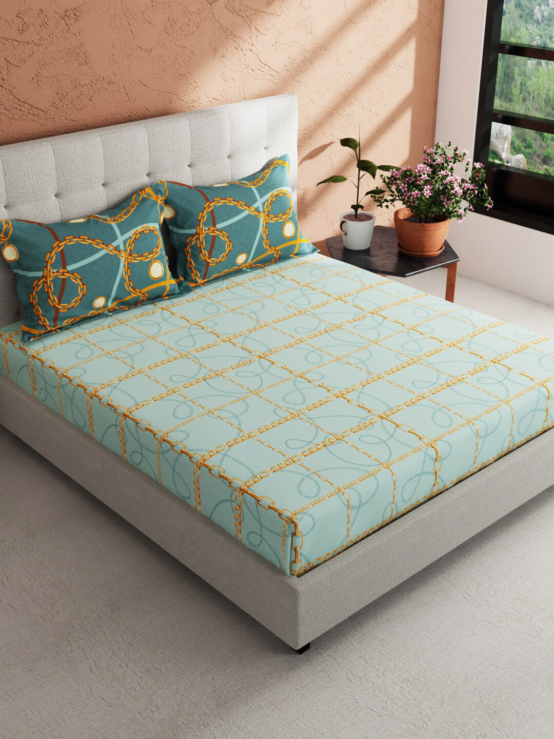 

BIANCA Giodeno Blue & Gold-Toned Geometric Cotton 144 TC King Bedsheet & 2 Pillow Covers