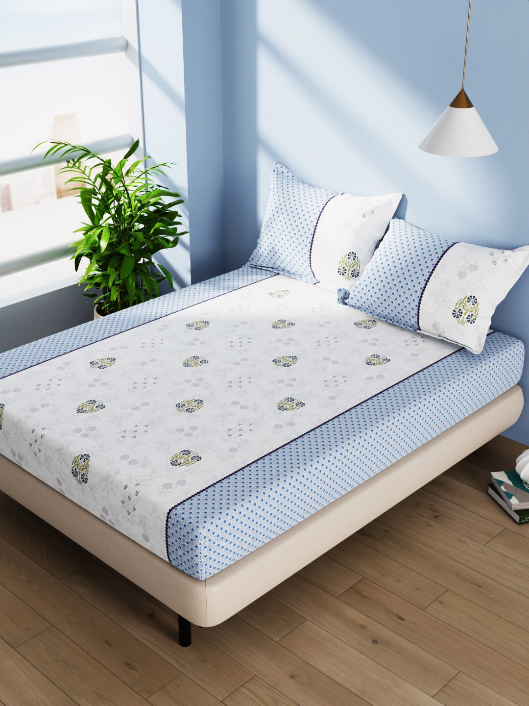 

BIANCA Serina White & Blue Printed 140 TC Pure Cotton Queen Bedsheet With 2 Pillow Covers