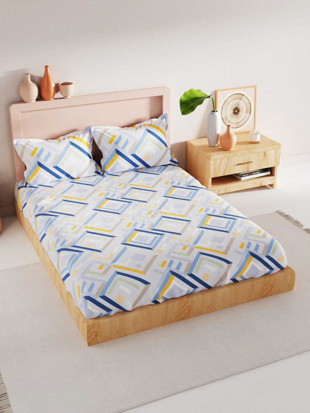 

BIANCA Blue & White Geometric Bamboo Cotton 200 TC King Bedsheet with 2 Pillow Covers