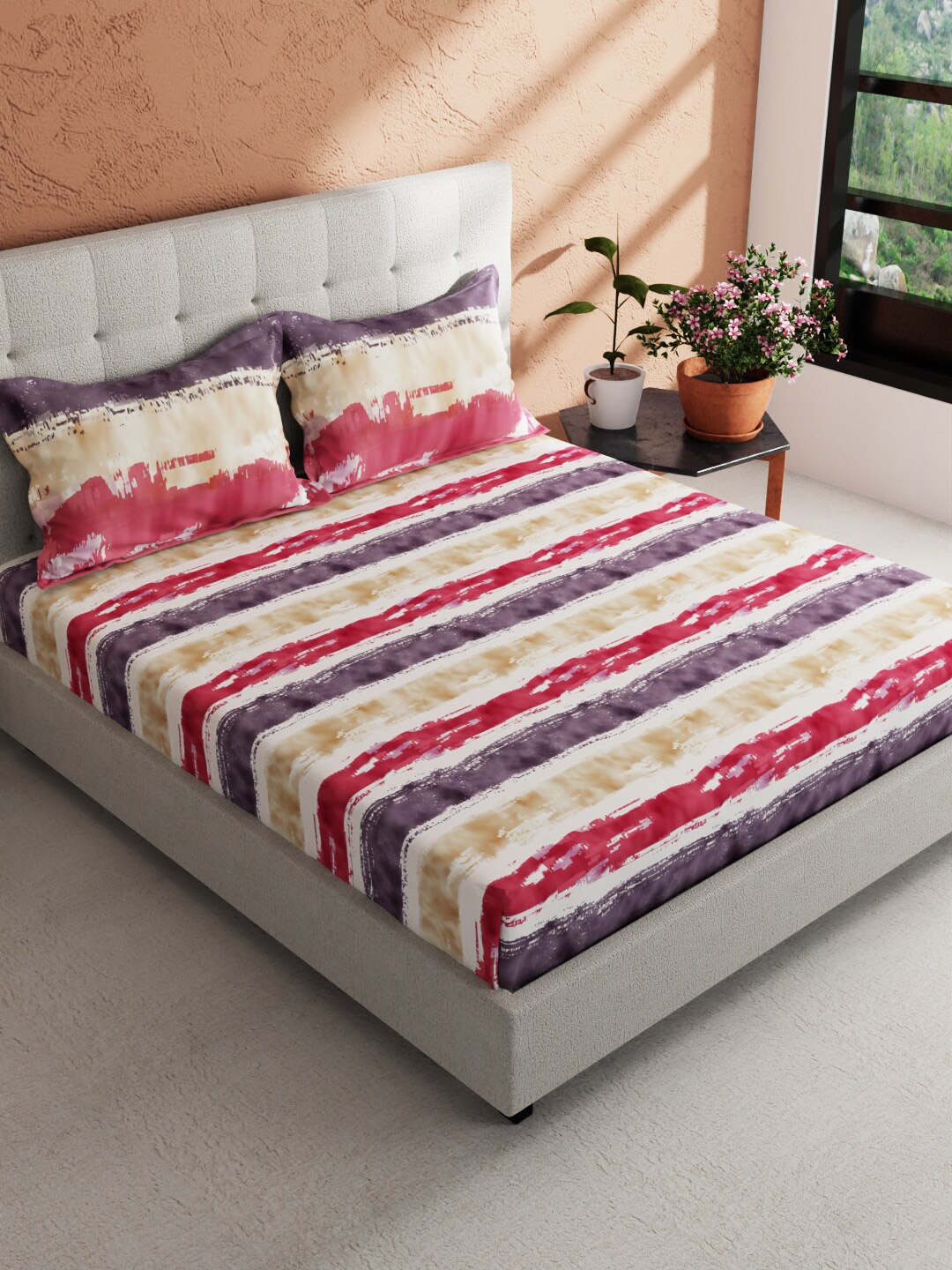 

BIANCA Giodeno Beige & Red Striped Cotton 144 TC King Bedsheet With 2 Pillow Covers