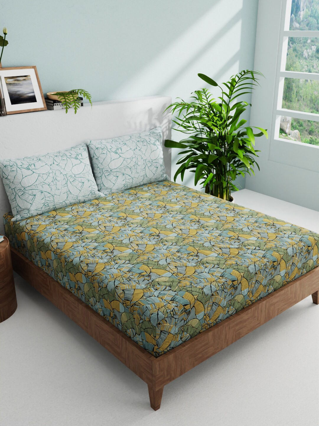 

BIANCA Essenza Blue & Yellow Printed Cotton 144 TC Queen Bedsheet with 2 Pillow Covers