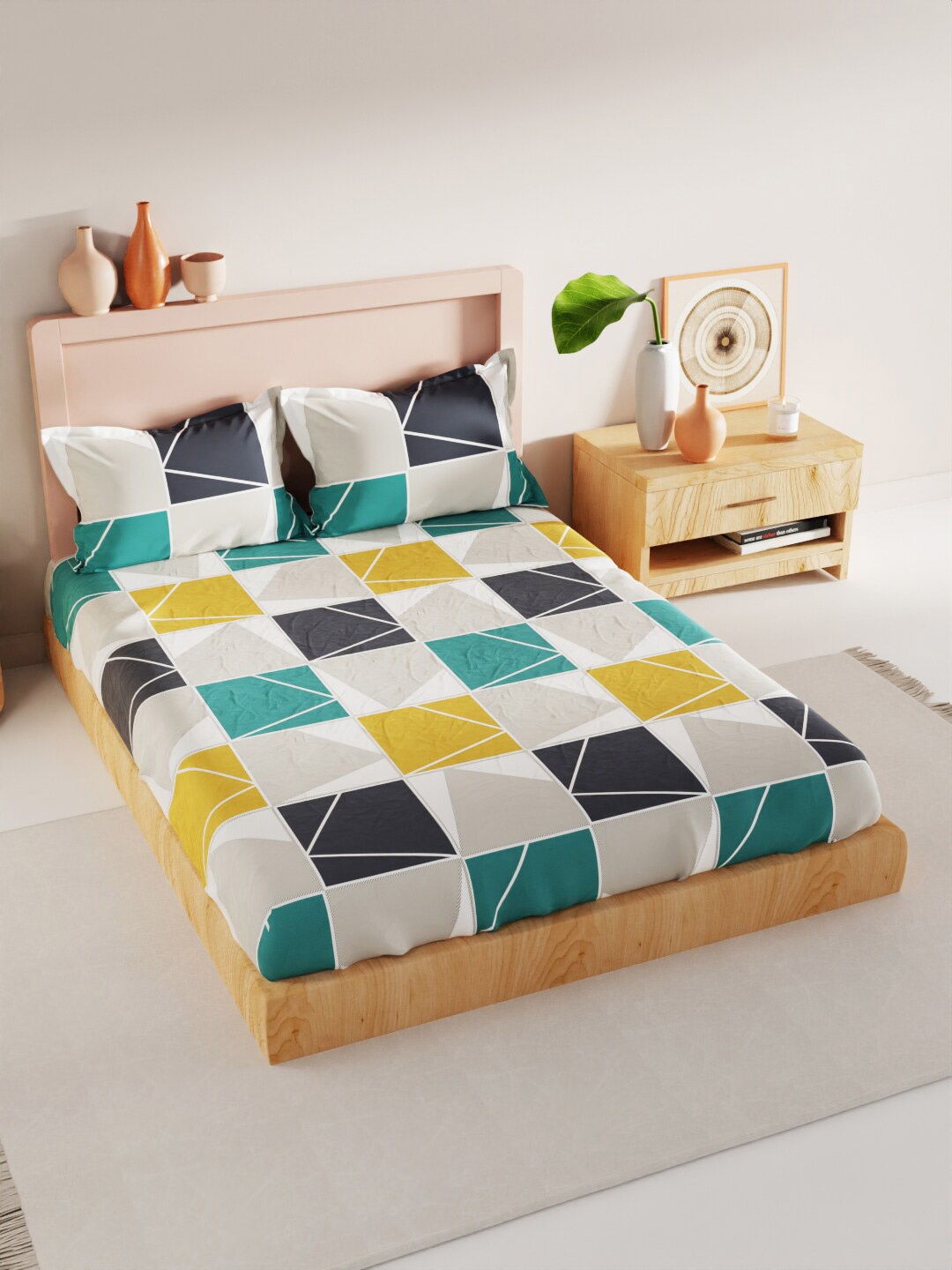 

BIANCA White & Green Geometric Bamboo Cotton 200 TC King Bedsheet with 2 Pillow Covers