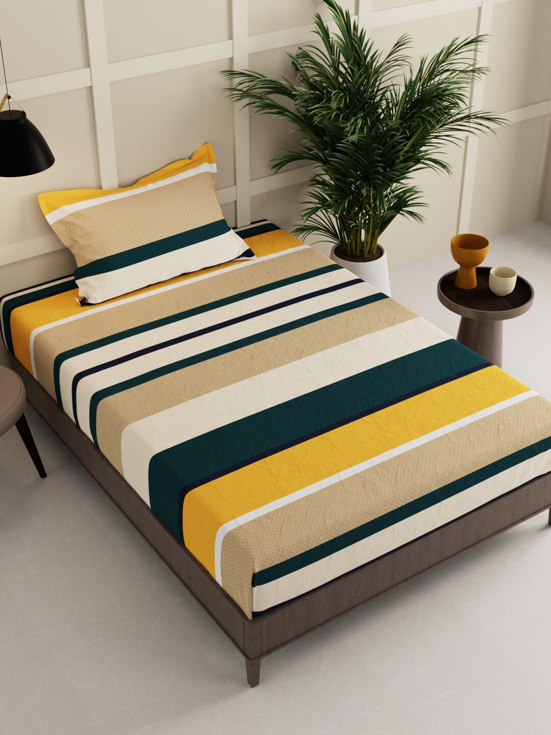 

BIANCA Snuz Yellow & Blue Striped 152 TC Microfiber Single Bedsheet With 1 Pillow Covers