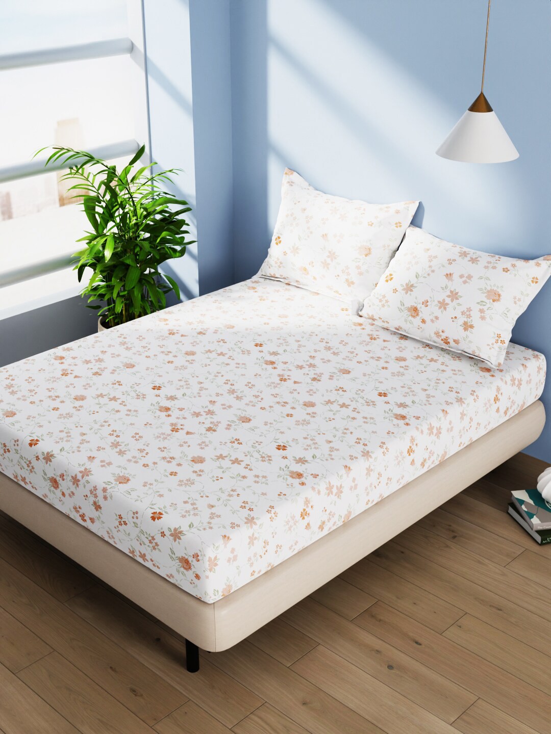 

BIANCA Serina Off White & Brown Floral Cotton 140 TC Queen Bedsheet With 2 Pillow Covers
