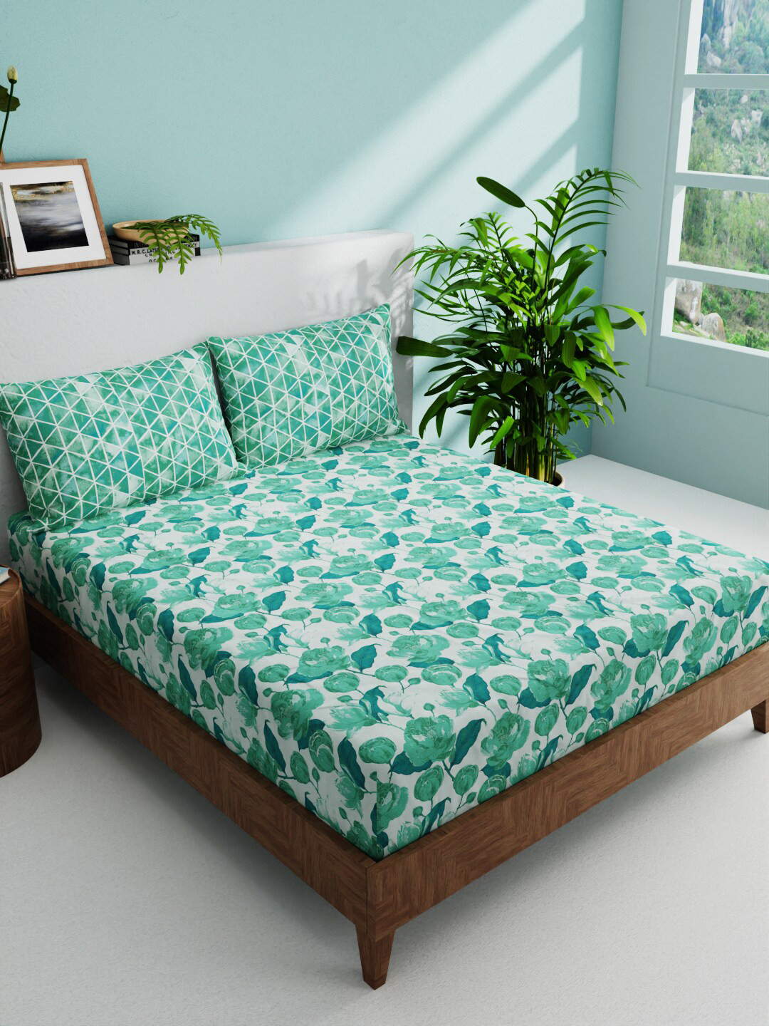

BIANCA Teal Green & White Floral Pure Cotton 144 TC Queen Bedsheet with 2 Pillow Covers