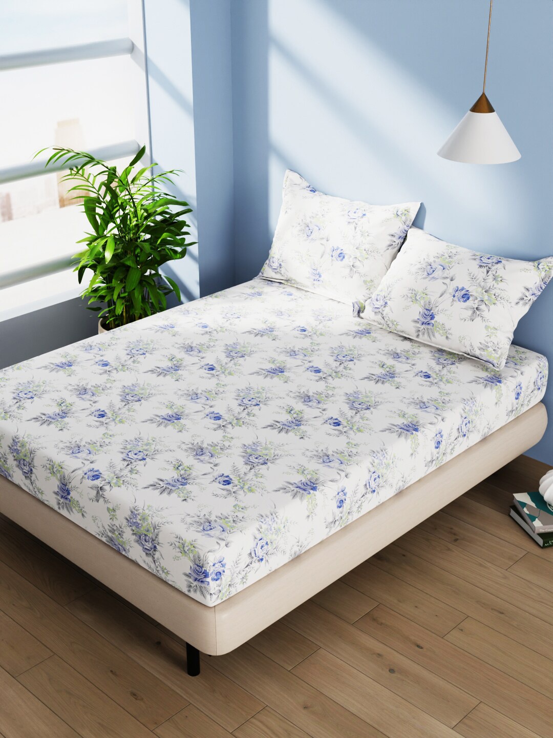 

BIANCA Serina Off White & Blue Floral Printed 140 TC Pure Cotton Queen Bedsheet Set