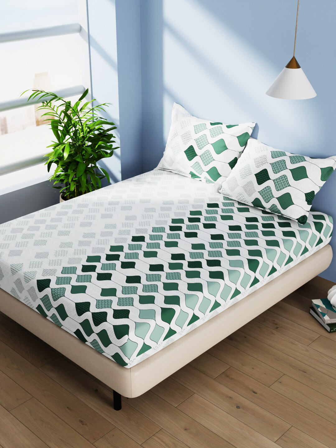 

BIANCA Serina Off White & Green Floral Pure Cotton 140 TC Queen Bedsheet & 2 Pillow Cover