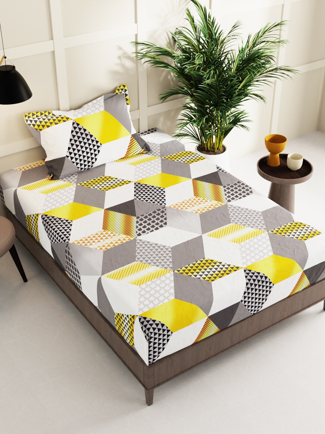 

BIANCA Snuz Grey & Yellow Printed 152 TC Microfiber Single Bedsheet With 1 Pillow Covers