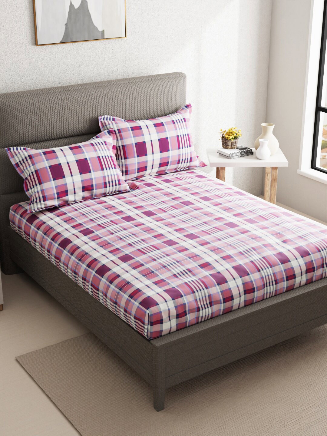 

KOPA Aston Purple & White Printed Cotton 110 TC Queen Bedsheet with 2 Pillow Covers