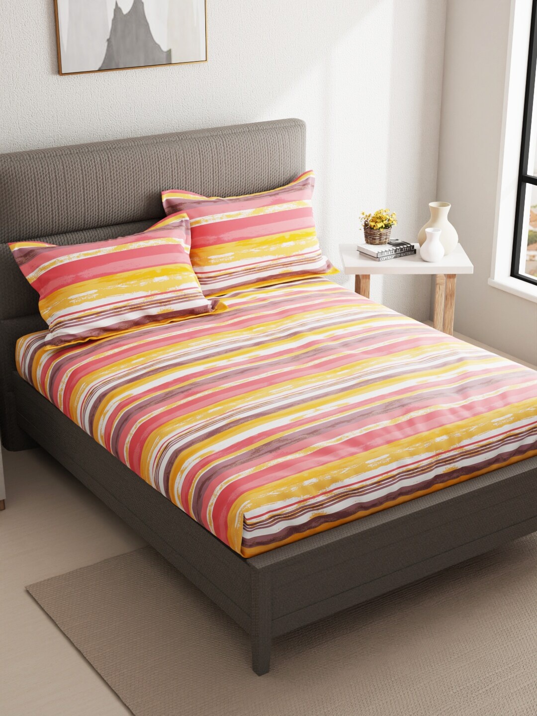 

KOPA Aston Orange & Red Striped Cotton 110 TC Queen Bedsheet with 2 Pillow Covers