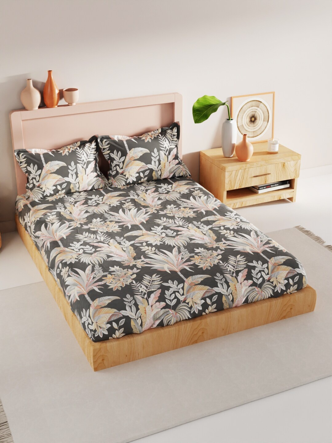 

BIANCA Geo Tokyo Charcoal & White Floral Cotton 200 TC King Bedsheet With 2 Pillow Covers