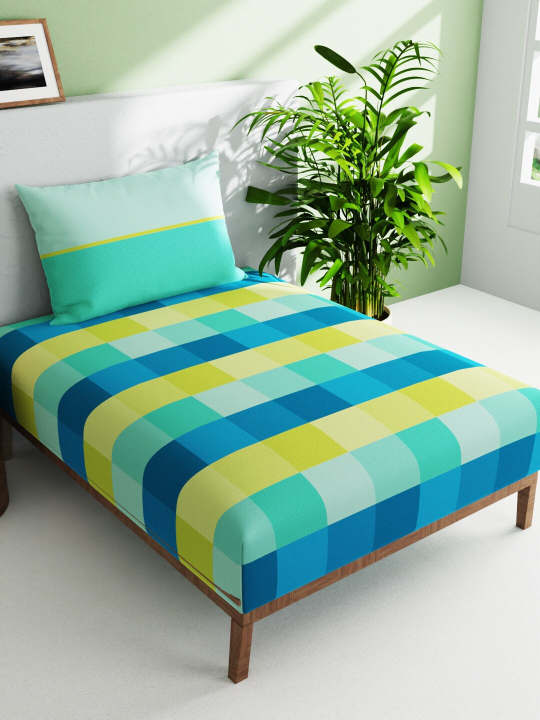

BIANCA Espeda Green & Blue Geometric Pure Cotton 144 TC Single Bedsheet & 1 Pillow Cover