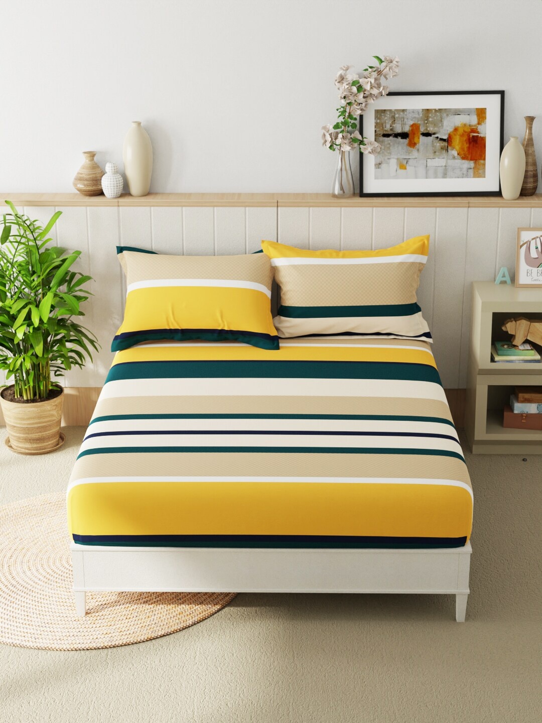 

BIANCA Beumonte Yellow & Green Striped Microfiber 152 TC Double Queen Bedsheet Set