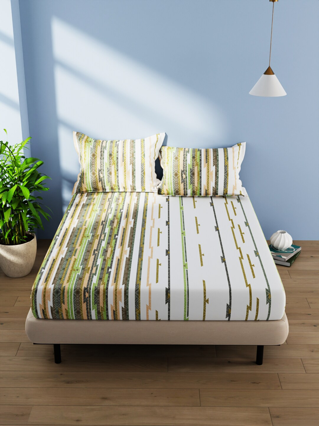 

BIANCA Serina Green & White Striped Pure Cotton 140TC Queen Bedsheet With 2 Pillow Covers