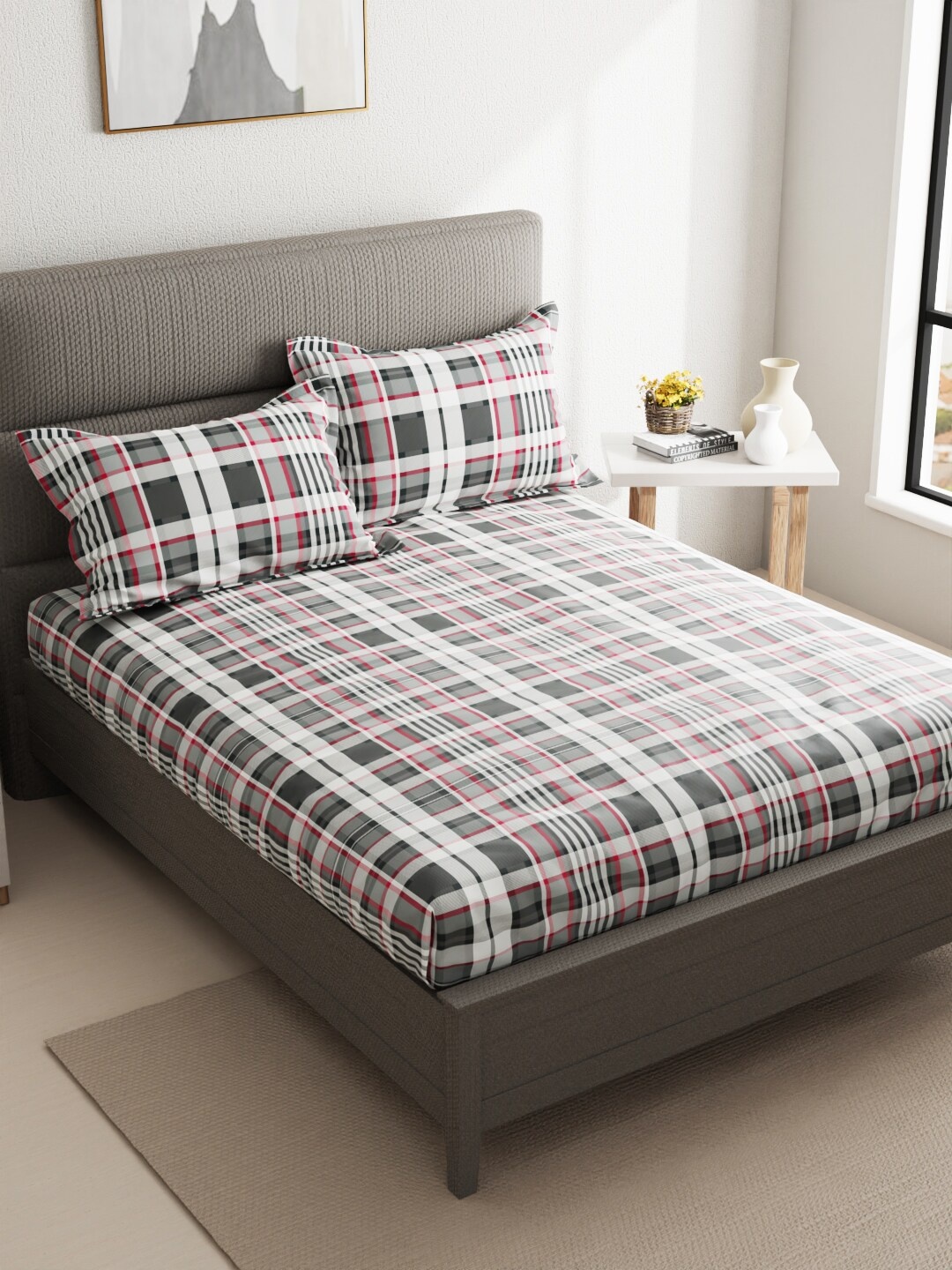 

KOPA Aston Grey & White Printed Cotton 110 TC Queen Bedsheet with 2 Pillow Covers
