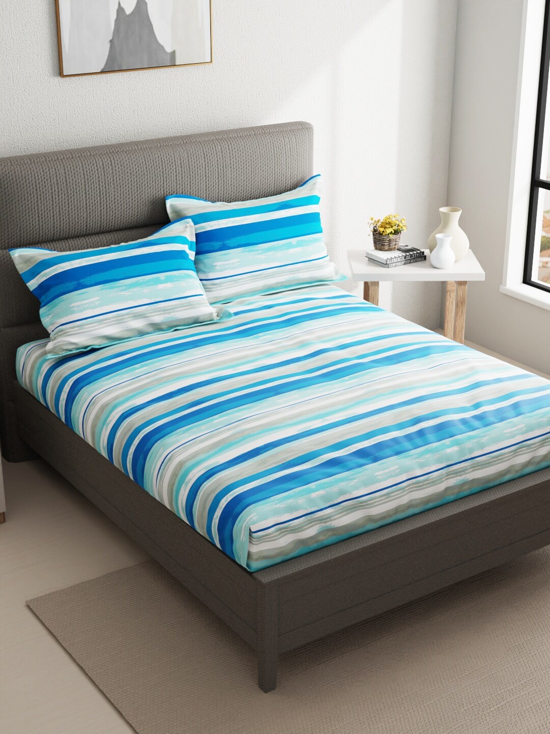 

KOPA Aston Blue & White Striped Cotton 110 TC Queen Bedsheet with 2 Pillow Covers