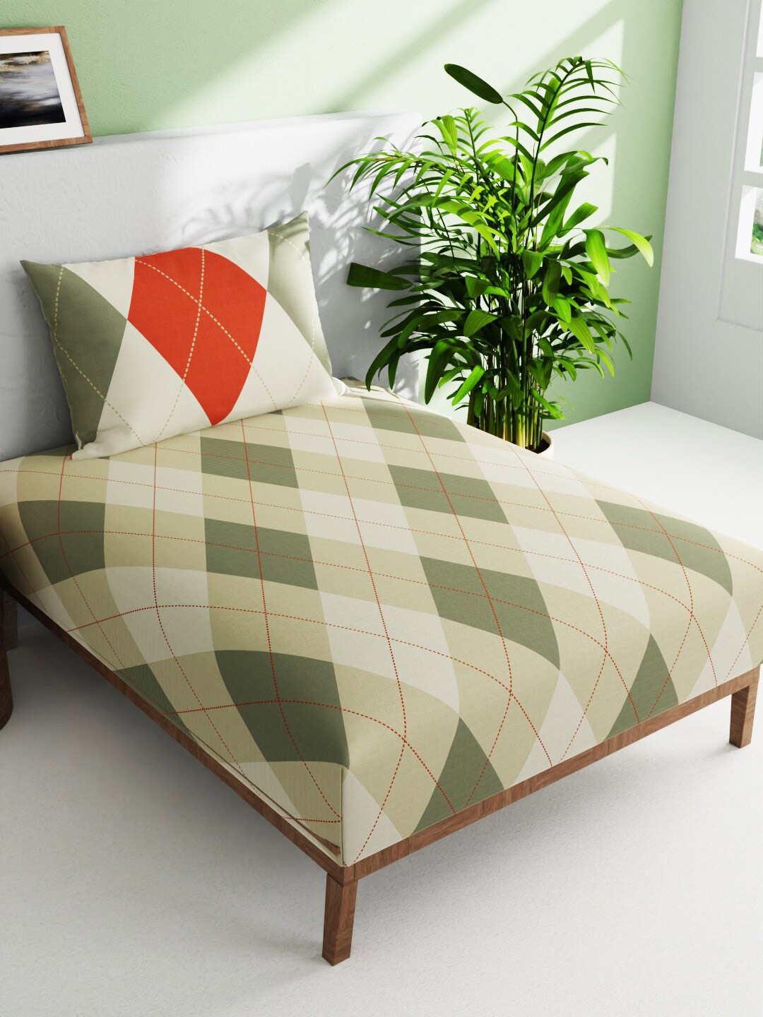

BIANCA Espeda Green & White Geometric Pure Cotton 144 TC Single Bedsheet & 1 Pillow Cover