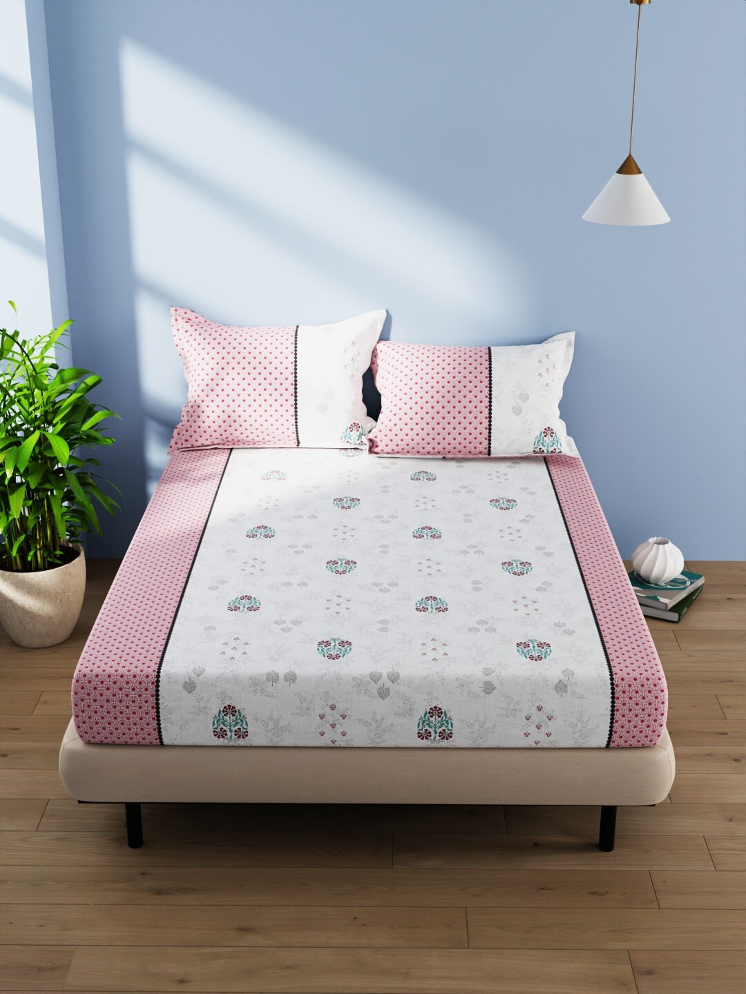 

BIANCA Serina Pink & White Floral Cotton 140 TC Queen Bedsheet With 2 Pillow Covers