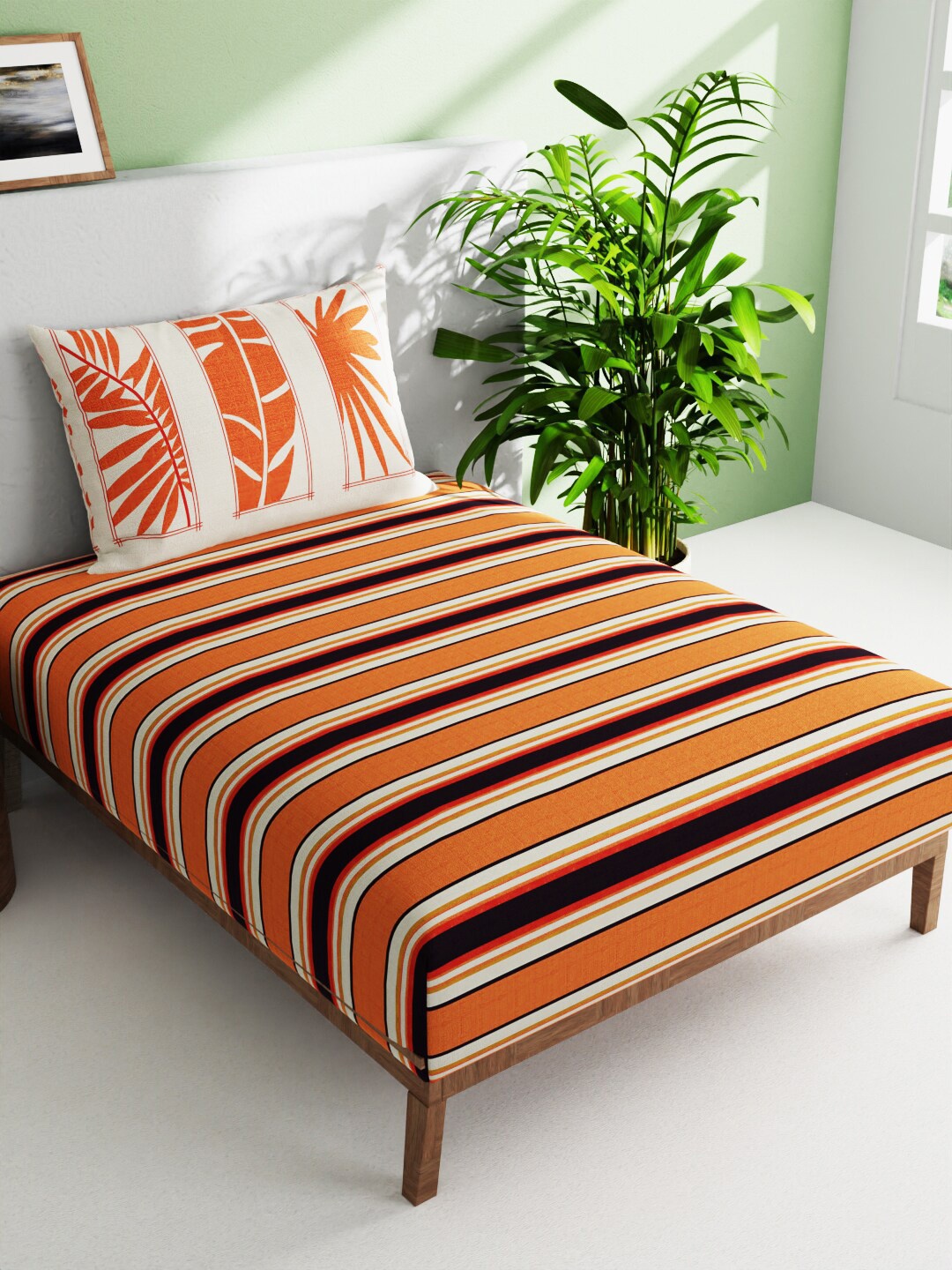 

BIANCA Orange & Black Striped Pure Cotton 144 TC Single Bedsheet with 1 Pillow Cover