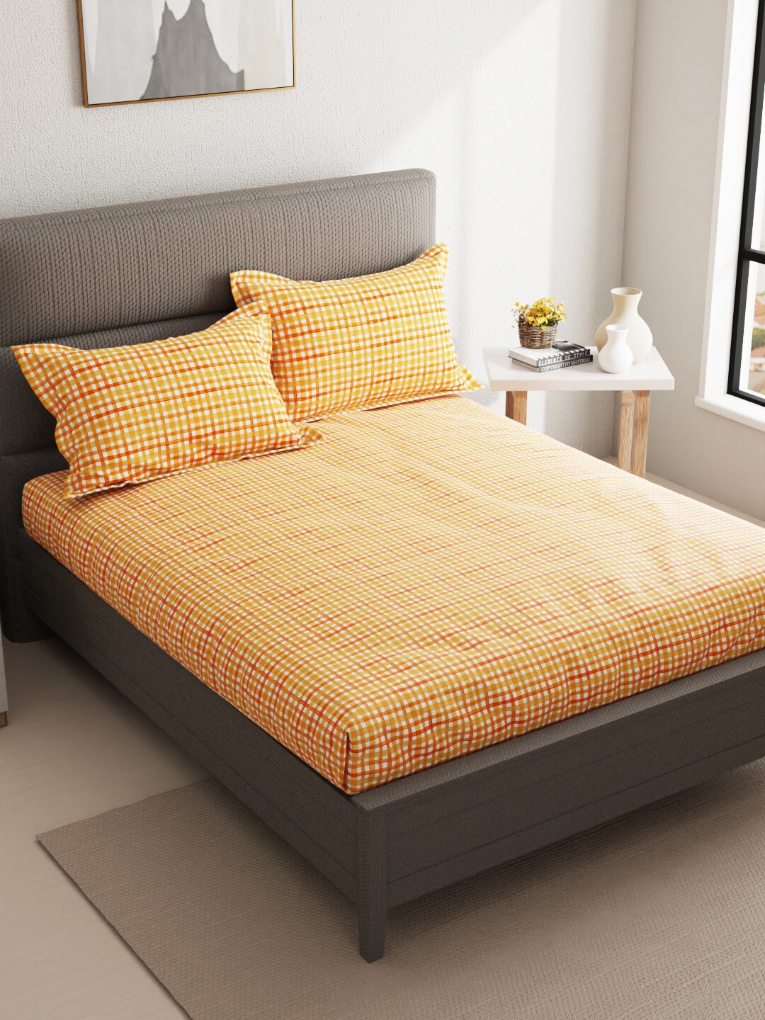 

BIANCA Castillo Orange & Red Geometric Pure Cotton 110 TC Queen Bedsheet & 2 Pillow Covers