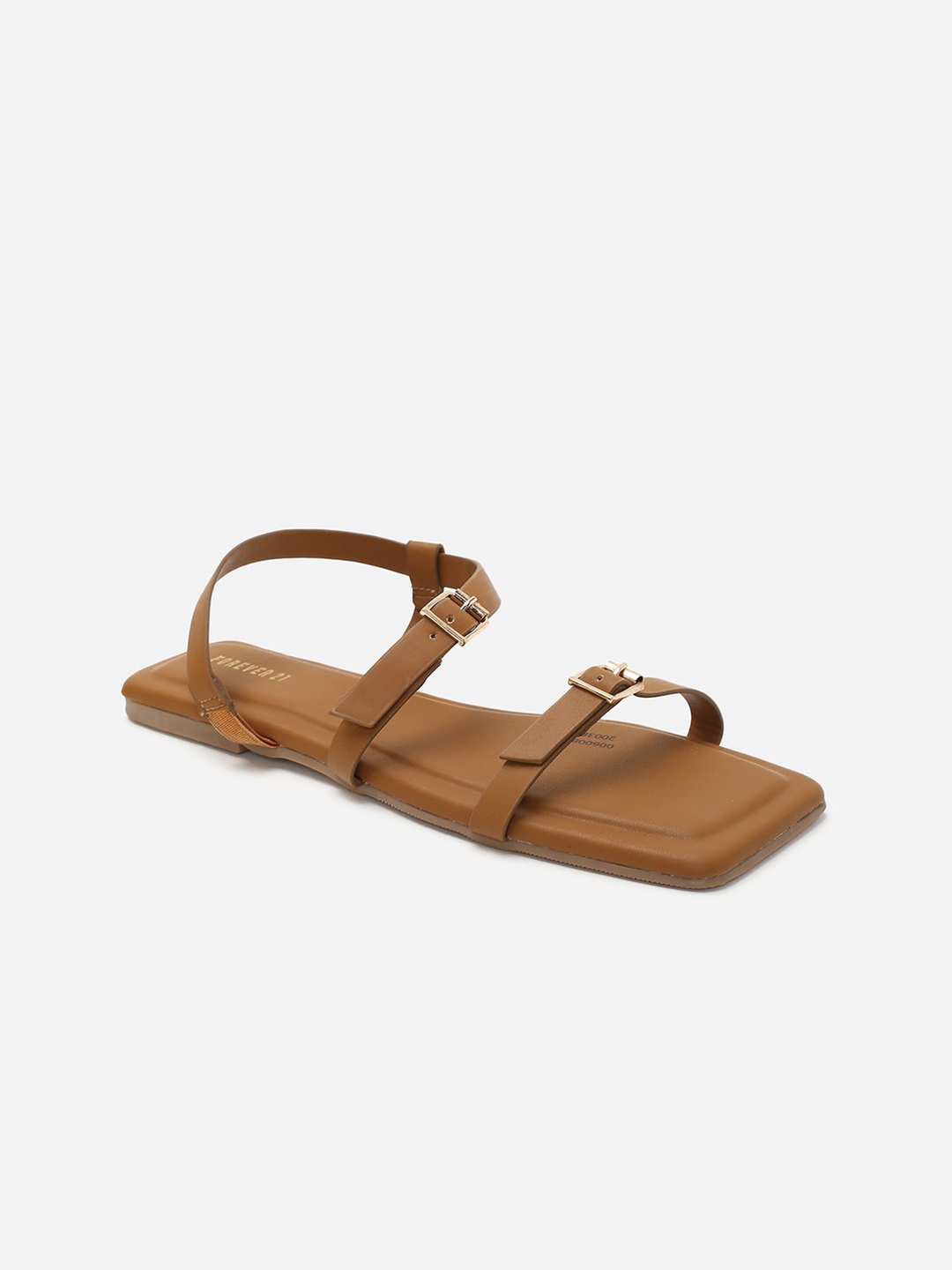 

FOREVER 21 Open Toe Flats With Buckles Detail, Brown