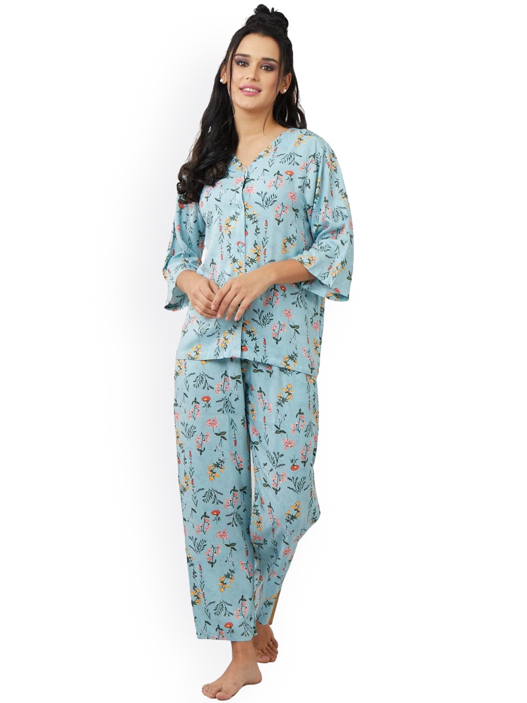 

ESTERIA Floral Printed Night Suit, Blue