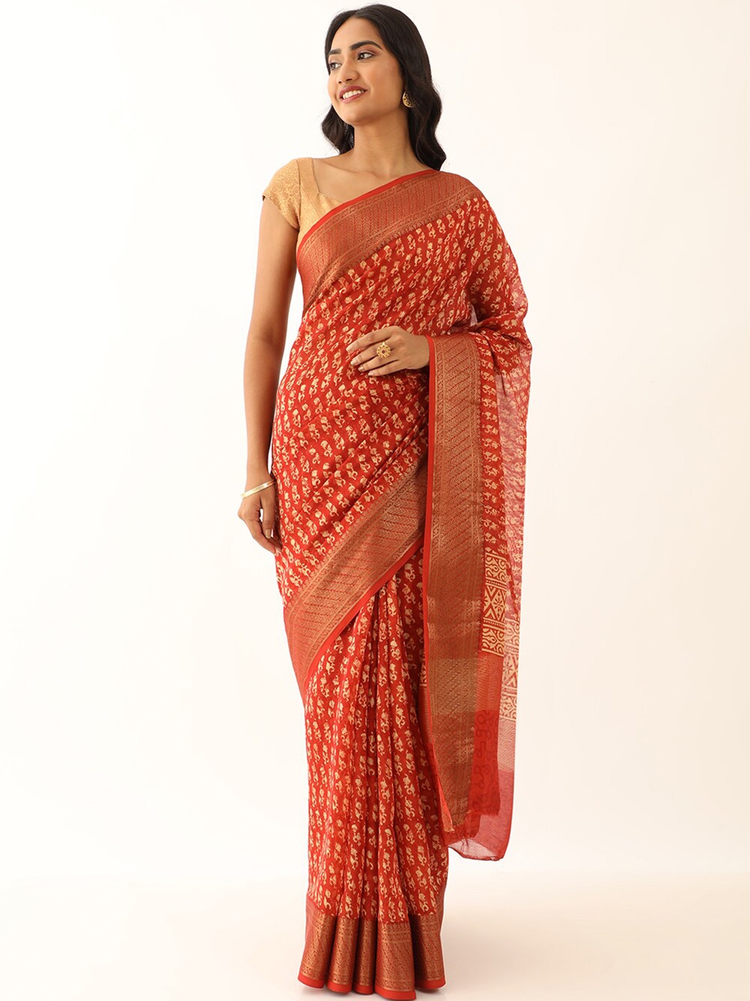 

Taneira Ethnic Motifs Printed Zari Silk Cotton Saree, Orange