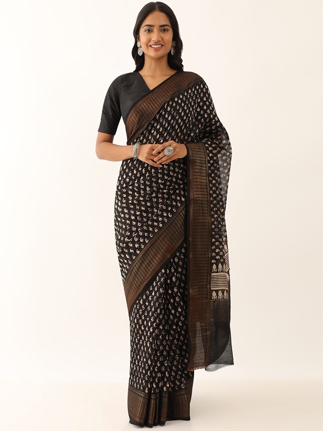 

Taneira Ethnic Motifs Printed Zari Silk Cotton Block Print Saree, Black