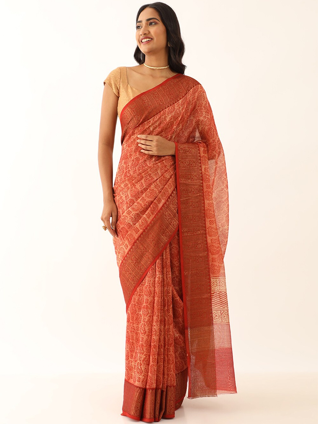 

Taneira Paisley Printed Zari Silk Cotton Saree, Orange