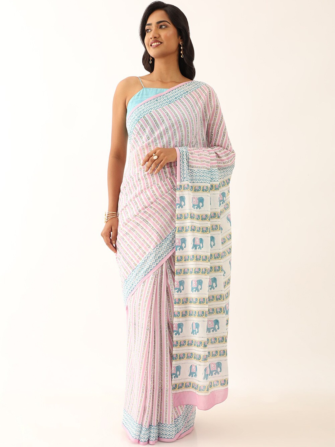 

Taneira Striped Pure Cotton Saree, Red