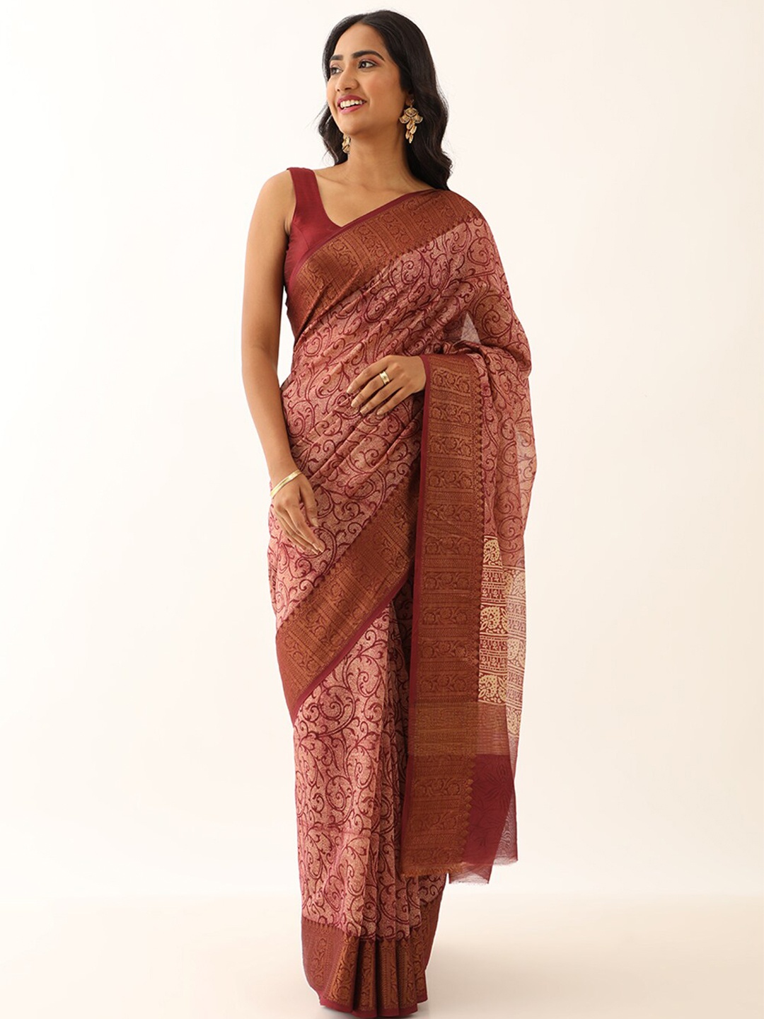 

Taneira Floral Printed Zari Silk Cotton Saree, Red