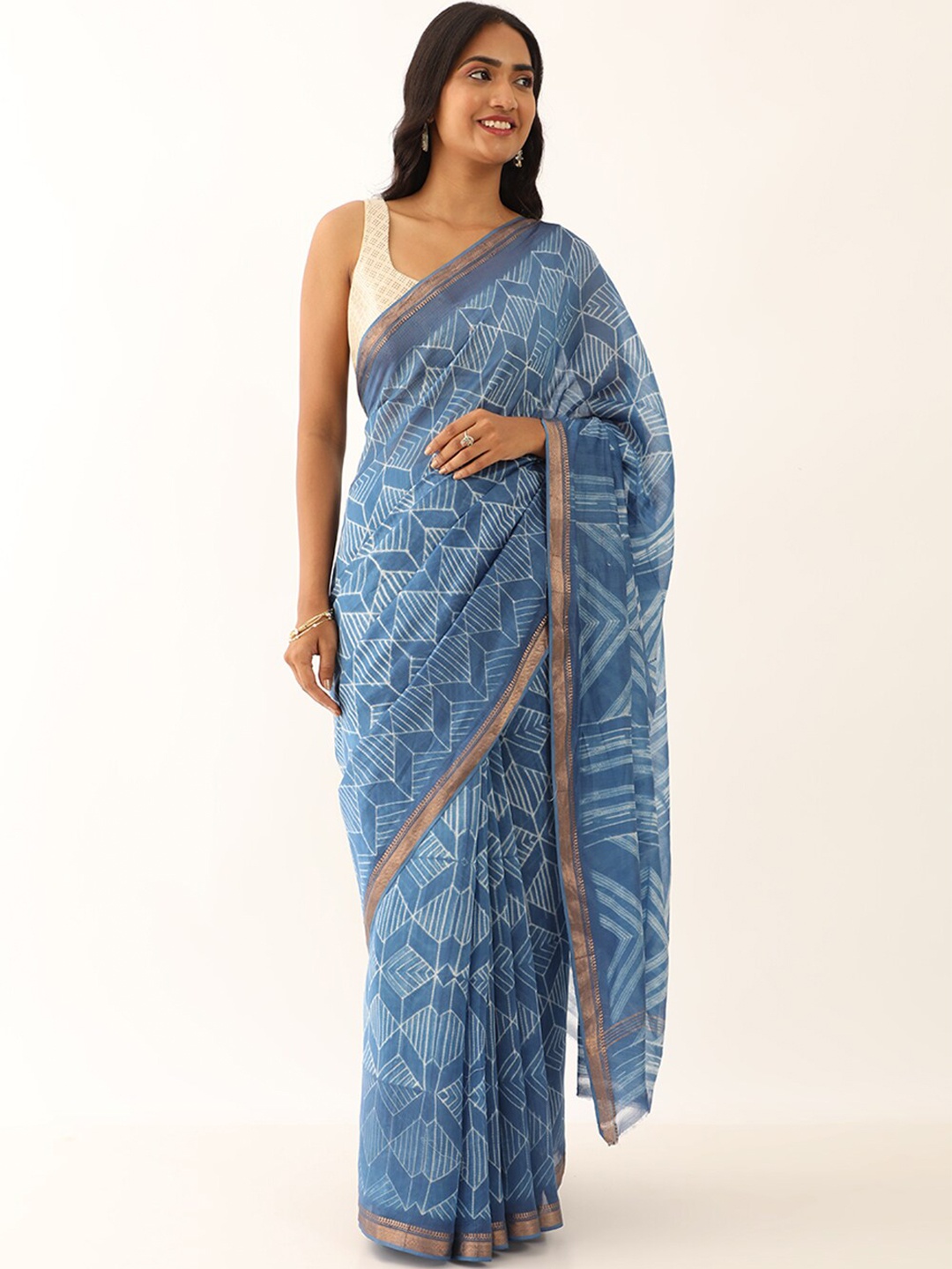 

Taneira Ethnic Motifs Zari Silk Cotton Saree, Blue