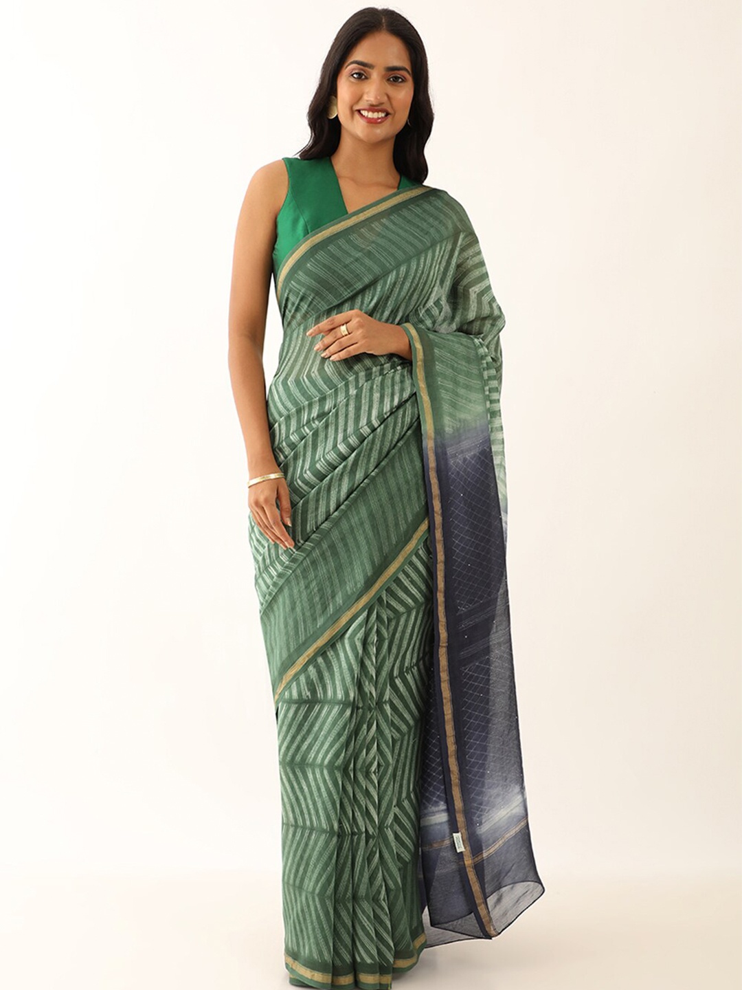 

Taneira Striped Zari Silk Cotton Saree, Green