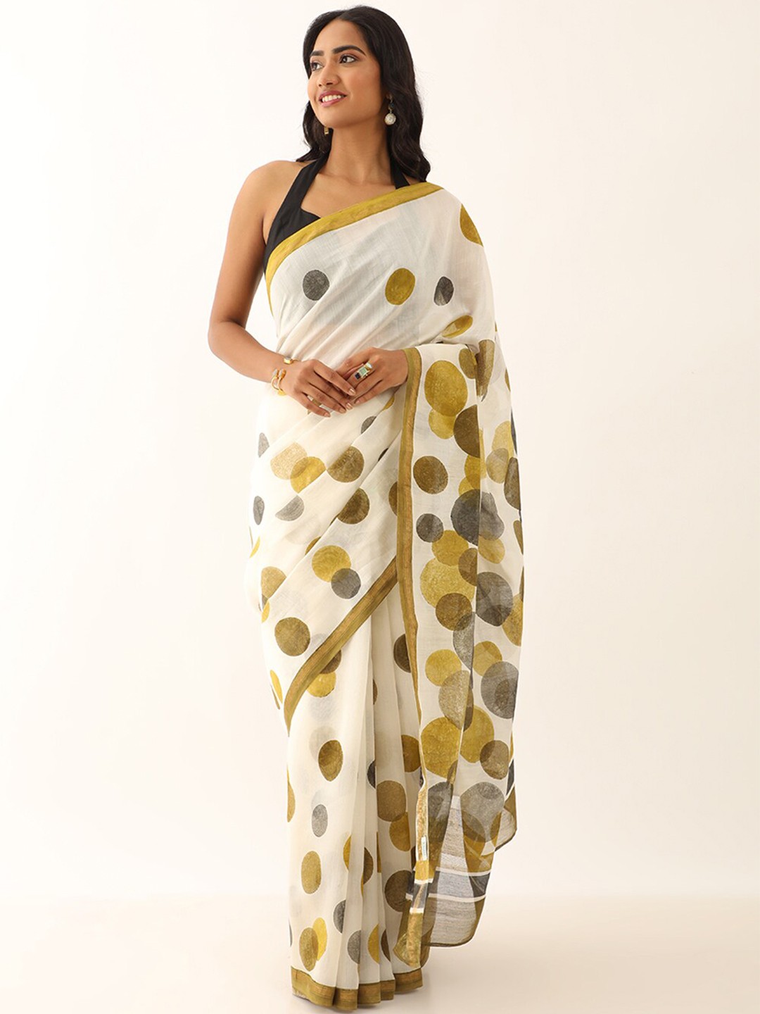 

Taneira Polka Dots Printed Silk Cotton Saree, Off white