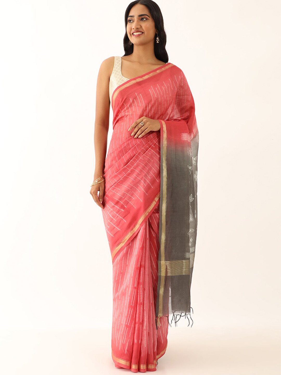 

Taneira Striped Zari Silk Cotton Saree, Pink