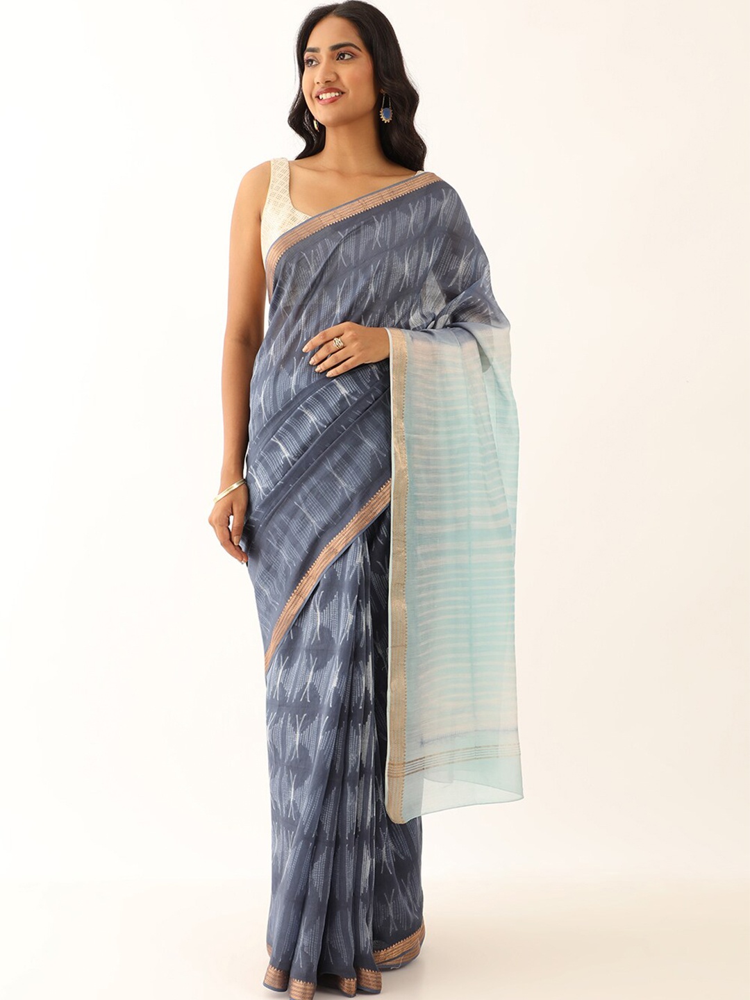 

Taneira Striped Zari Silk Cotton Saree, Blue