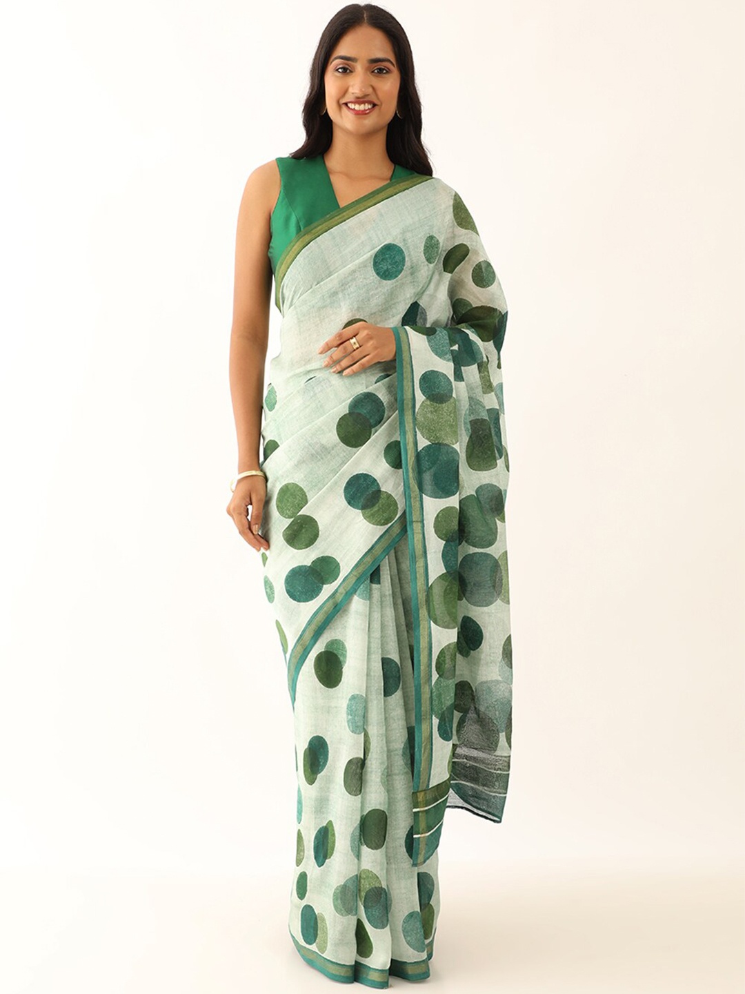 

Taneira Polka Dots Printed Silk Cotton Saree, Green