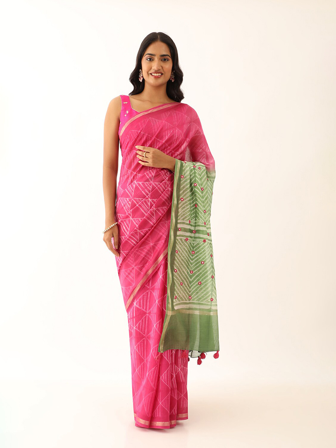 

Taneira Geometric Printed Zari Silk Cotton Saree, Pink