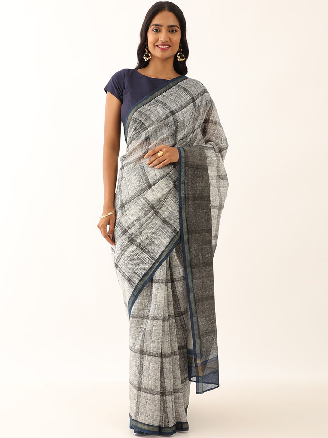

Taneira Checked Silk Cotton Saree, Off white