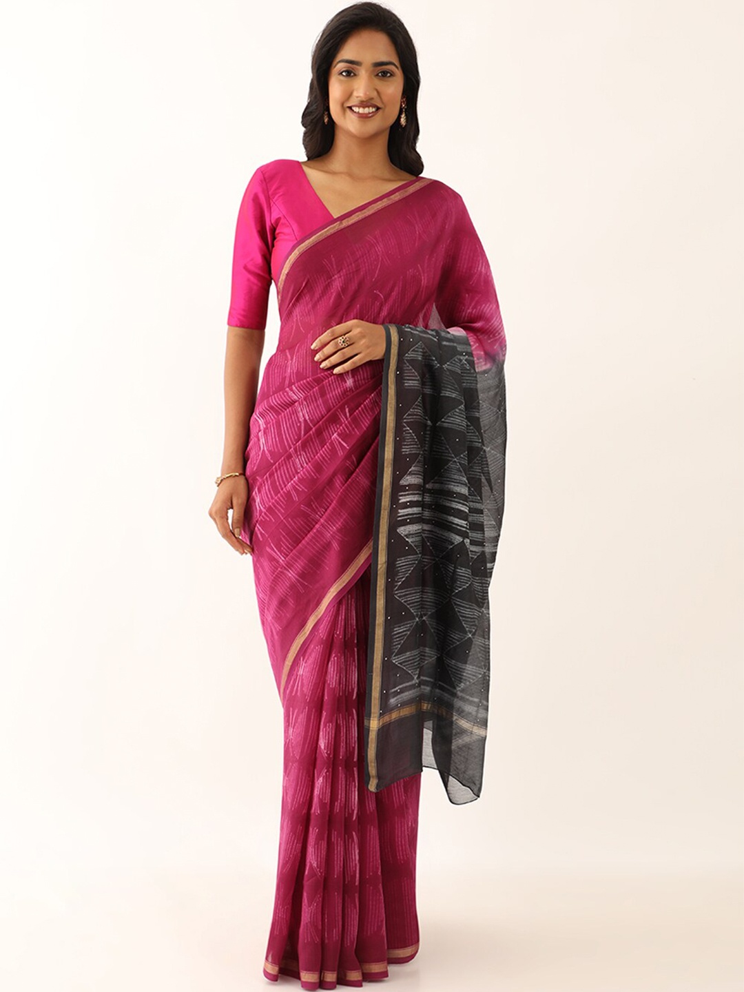 

Taneira Abstract Printed Zari Silk Cotton Saree, Pink